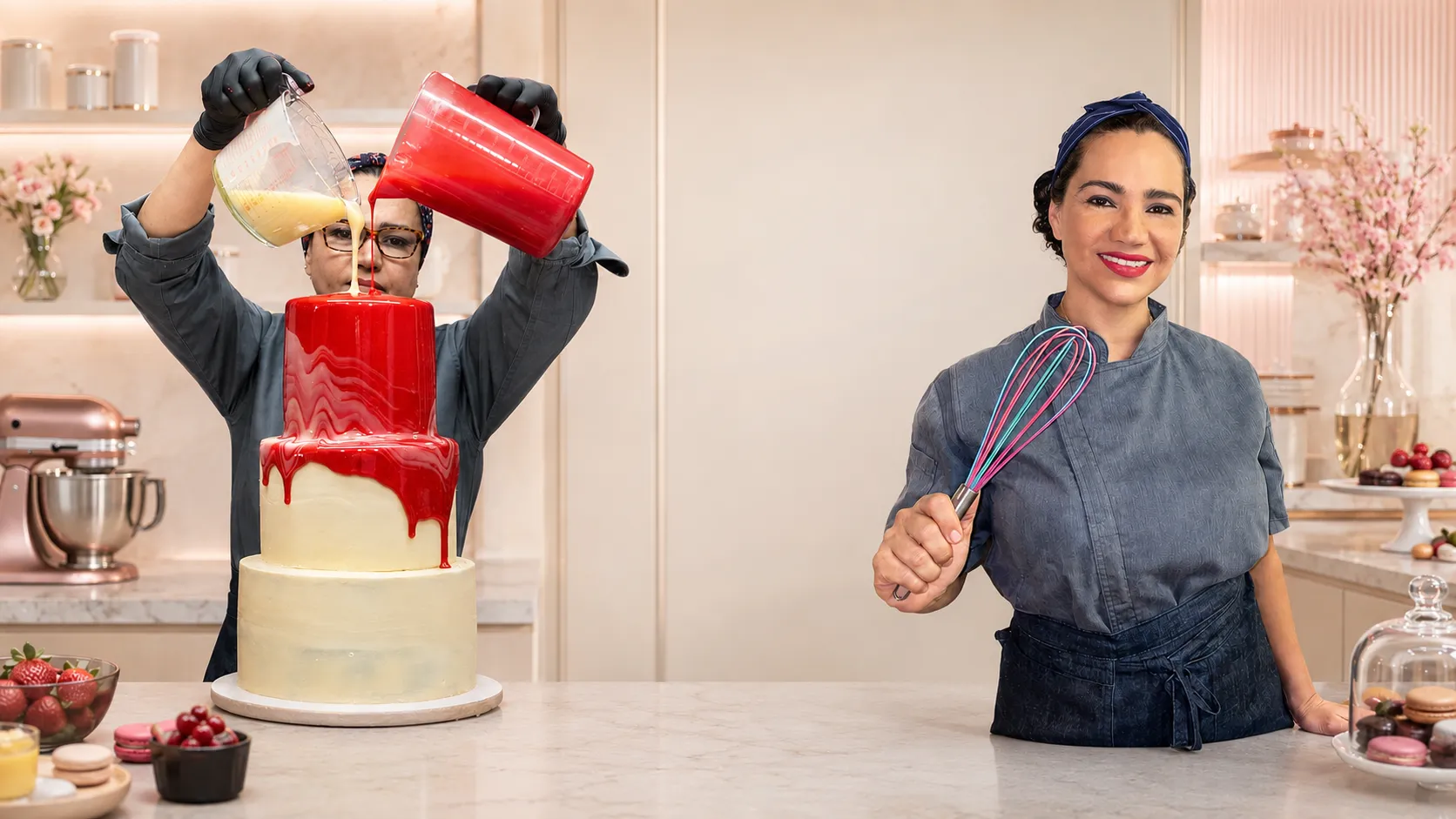 Chef Shirel Dana finalizando um bolo em cenário de confeitaria
